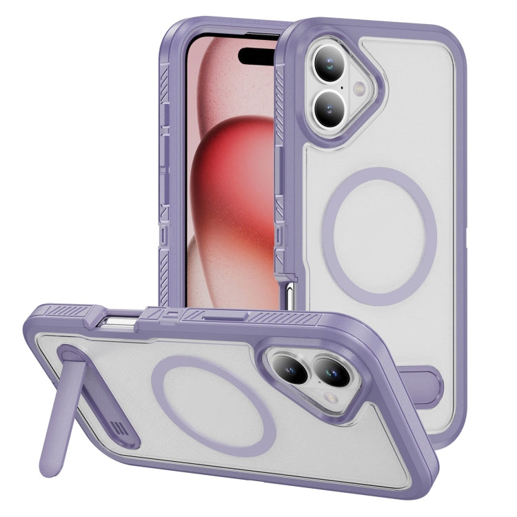 For iPhone 16 Guard MagSafe Holder Matte PC Hybrid TPU Phone Case(Purple Transparent) - iPhone 16 Cases by buy2fix | Online Shopping UK | buy2fix