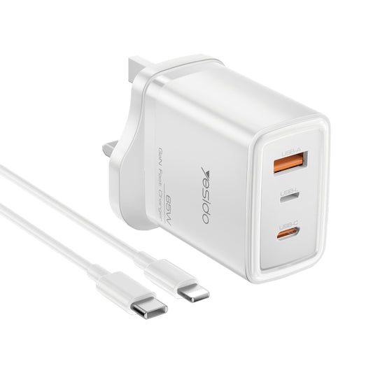 Yesido YC89 65W Type-C, USB, 8 Pin Reverse GaN Fast Charger with Type-C to 8 Pin Cable(UK Plug) - USB Charger by Yesido | Online Shopping UK | buy2fix