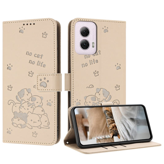 For Motorola Moto G Power 5G 2024 Embossed Kitten Phone Leather Case with Lanyard(Beige) - Motorola Cases by buy2fix | Online Shopping UK | buy2fix