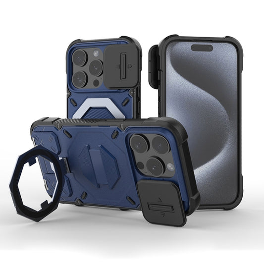 For iPhone 15 Pro Camera Shield Armor MagSafe Holder Phone Case with Strap(Sapphire Blue) - iPhone 15 Pro Cases by buy2fix | Online Shopping UK | buy2fix