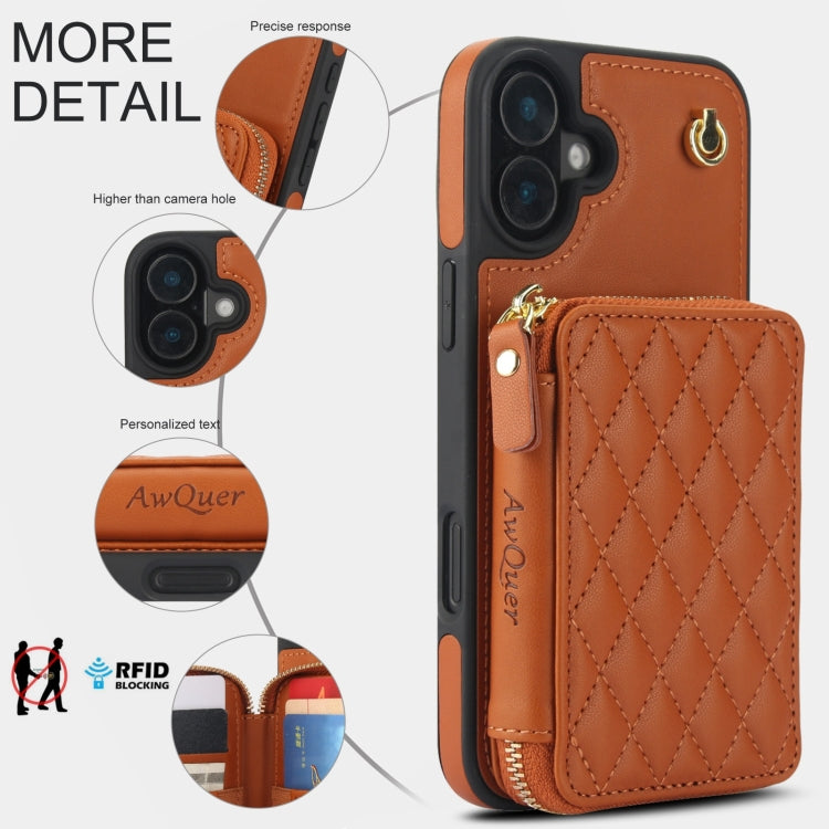 For iPhone 16 Plus AwQuer Crossbody Zipper Wallet Rhombic Leather Back Phone Case(Brown) - iPhone 16 Plus Cases by Awquer | Online Shopping UK | buy2fix