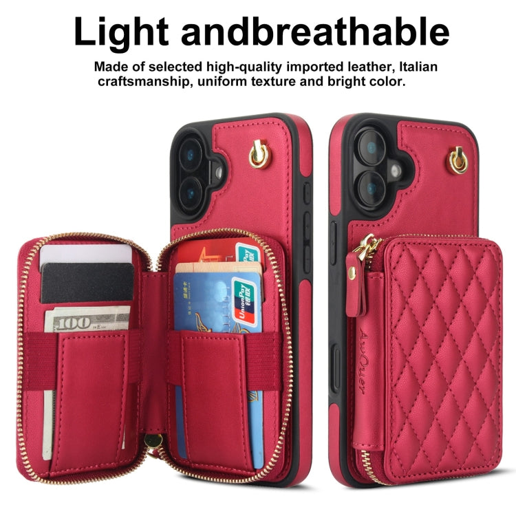 For iPhone 16 AwQuer Crossbody Zipper Wallet Rhombic Leather Back Phone Case(Red) - iPhone 16 Cases by Awquer | Online Shopping UK | buy2fix