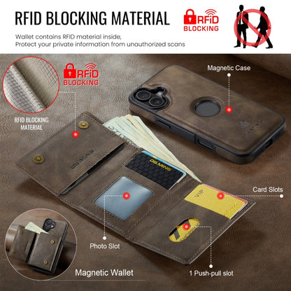 For iPhone 16 Plus DG.MING M6 Series RFID Tri-fold Card Bag Removable Leather Phone Case(Coffee) - iPhone 16 Plus Cases by DG.MING | Online Shopping UK | buy2fix