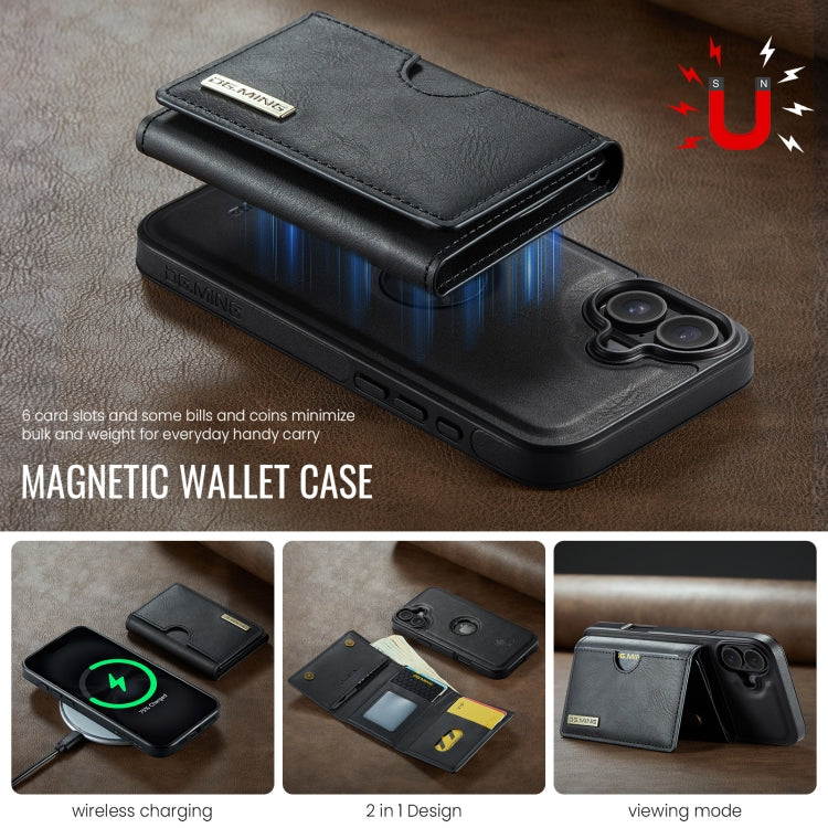 For iPhone 16 DG.MING M6 Series RFID Tri-fold Card Bag Removable Leather Phone Case(Black) - iPhone 16 Cases by DG.MING | Online Shopping UK | buy2fix