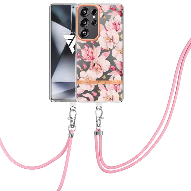 For Samsung Galaxy S25 Ultra 5G Flowers and Plants Series IMD TPU Phone Case with Lanyard(Pink Gardenia) - Galaxy S25 Ultra 5G Cases by buy2fix | Online Shopping UK | buy2fix