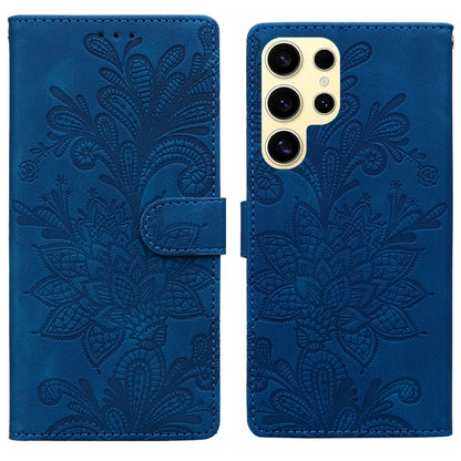 For Samsung Galaxy S25 Ultra 5G Lace Floral Embossed Magnetic Buckle PU Phone Case With Wrist Strap(Blue) - Galaxy S25 Ultra 5G Cases by buy2fix | Online Shopping UK | buy2fix