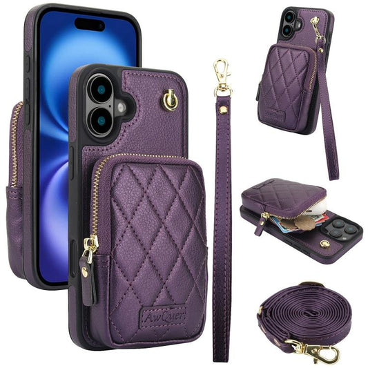 For iPhone 16 Plus AwQuer Crossbody Zipper Wallet Bag Litchi Leather Phone Case(Dark Purple) - iPhone 16 Plus Cases by Awquer | Online Shopping UK | buy2fix