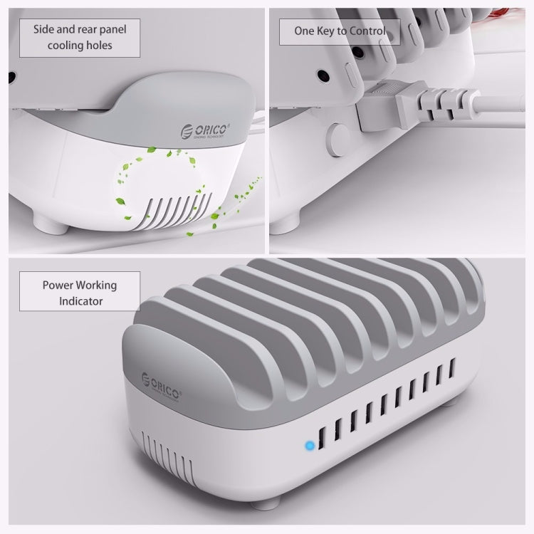 ORICO DUK-10P 120W 10 USB Ports Smart Charging Station with Phone & Tablet Stand, EU Plug(White) - Multifunction Charger by ORICO | Online Shopping UK | buy2fix