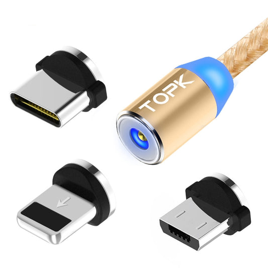 TOPK 1m 2.4A Max USB to 8 Pin + USB-C / Type-C + Micro USB Nylon Braided Magnetic Charging Cable with LED Indicator(Gold) - Charging Cable & Head by TOPK | Online Shopping UK | buy2fix