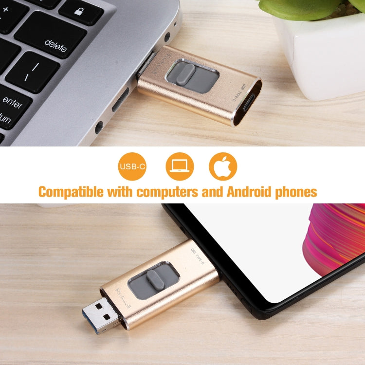 Richwell 3 in 1 128G Type-C + 8 Pin + USB 3.0 Metal Push-pull Flash Disk with OTG Function(Silver) - U Disk & Card Reader by Richwell | Online Shopping UK | buy2fix
