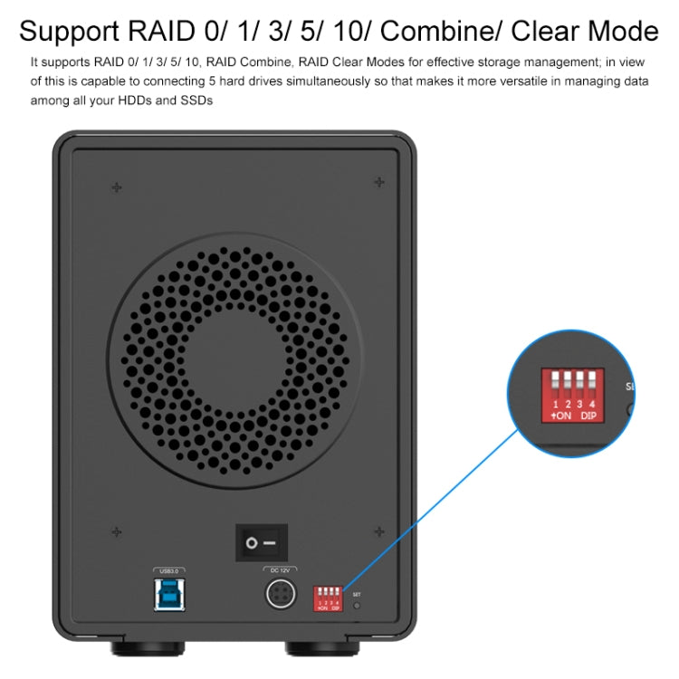 ORICO 9558RU3 5-bay USB 3.0 Type-B Aluminum 3.5 inch SATA HDD Enclosure Storage Hard Disk Box, Support RAID 0 / 5 Mode(Black) - HDD Enclosure by ORICO | Online Shopping UK | buy2fix