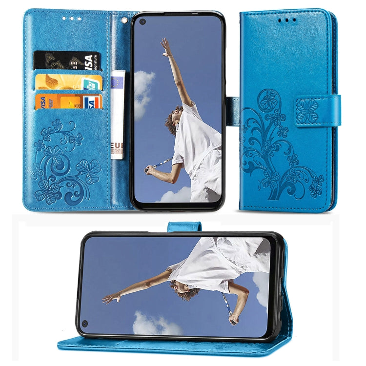 For OPPO A72/A52/A92 Four-leaf Clasp Embossed Buckle Mobile Phone Protection Leather Case with Lanyard & Card Slot & Wallet & Bracket Function(Blue) - OPPO Cases by buy2fix | Online Shopping UK | buy2fix