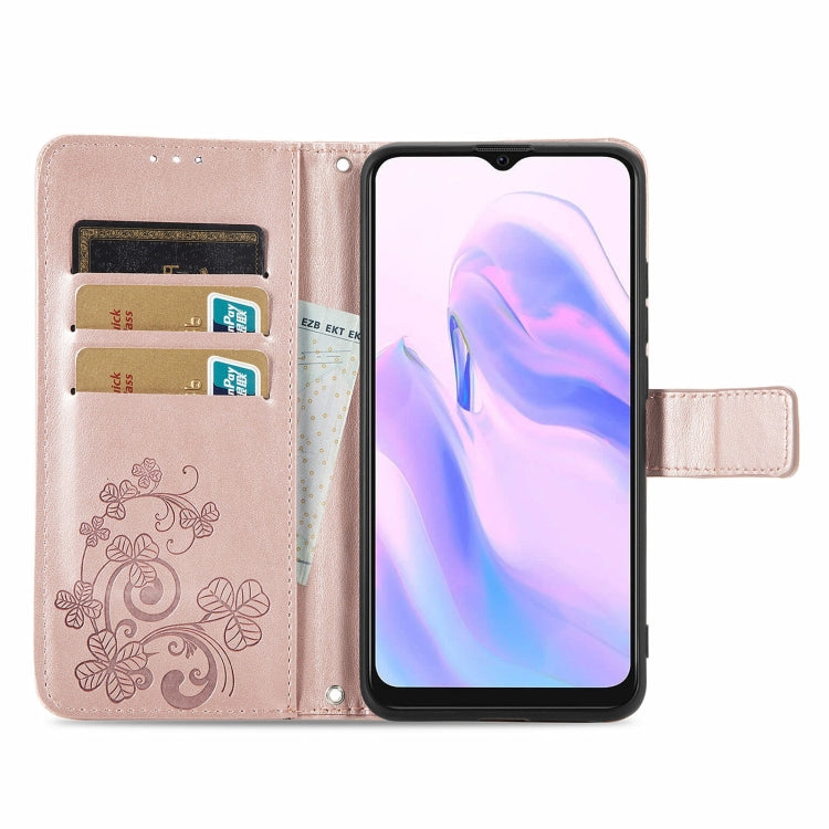 For Blackview A70 Four-leaf Clasp Embossed Buckle Mobile Phone Protection Leather Case with Lanyard & Card Slot & Wallet & Bracket Function(Rose Gold) - More Brand by buy2fix | Online Shopping UK | buy2fix