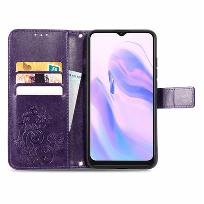 For Blackview A70 Four-leaf Clasp Embossed Buckle Mobile Phone Protection Leather Case with Lanyard & Card Slot & Wallet & Bracket Function(Purple) - More Brand by buy2fix | Online Shopping UK | buy2fix