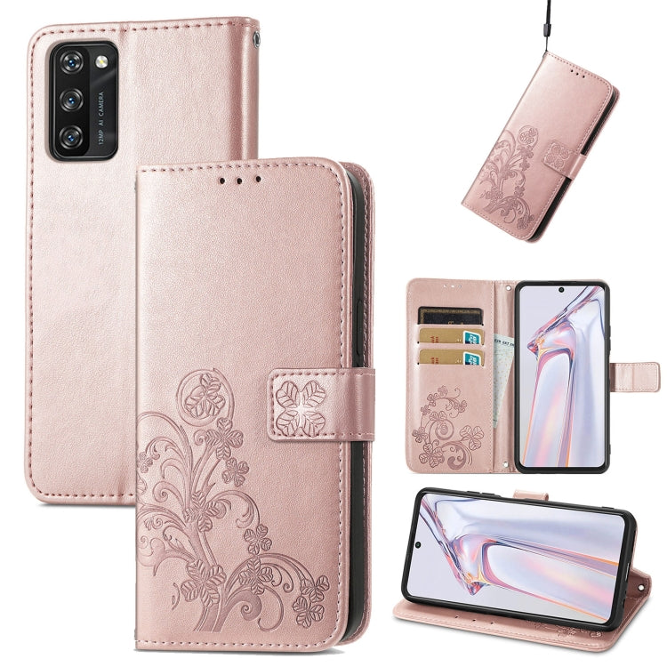 For Blackview A100 Four-leaf Clasp Embossed Buckle Mobile Phone Protection Leather Case with Lanyard & Card Slot & Wallet & Bracket Function(Rose Gold) - More Brand by buy2fix | Online Shopping UK | buy2fix