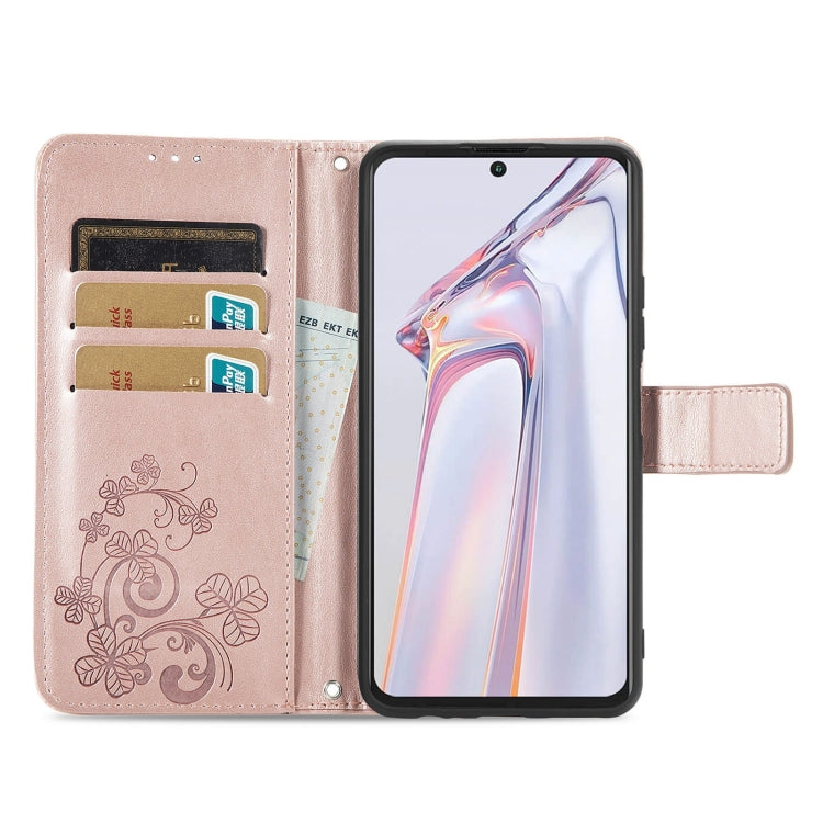 For Blackview A100 Four-leaf Clasp Embossed Buckle Mobile Phone Protection Leather Case with Lanyard & Card Slot & Wallet & Bracket Function(Rose Gold) - More Brand by buy2fix | Online Shopping UK | buy2fix