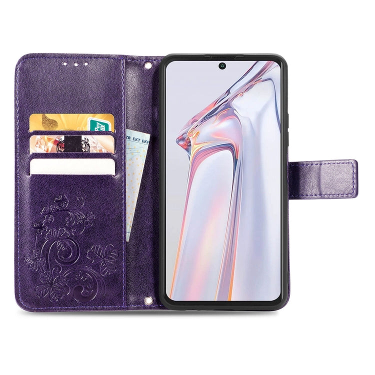 For Blackview A100 Four-leaf Clasp Embossed Buckle Mobile Phone Protection Leather Case with Lanyard & Card Slot & Wallet & Bracket Function(Purple) - More Brand by buy2fix | Online Shopping UK | buy2fix