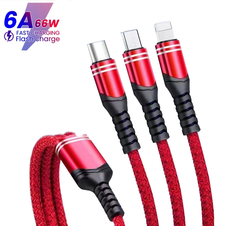 XJ-78 66W 6A 3 in 1 USB to 8 Pin + Type-C + Micro USB Super Flash Charging Cable, Length: 1.2m(Red) - Multifunction Cable by buy2fix | Online Shopping UK | buy2fix