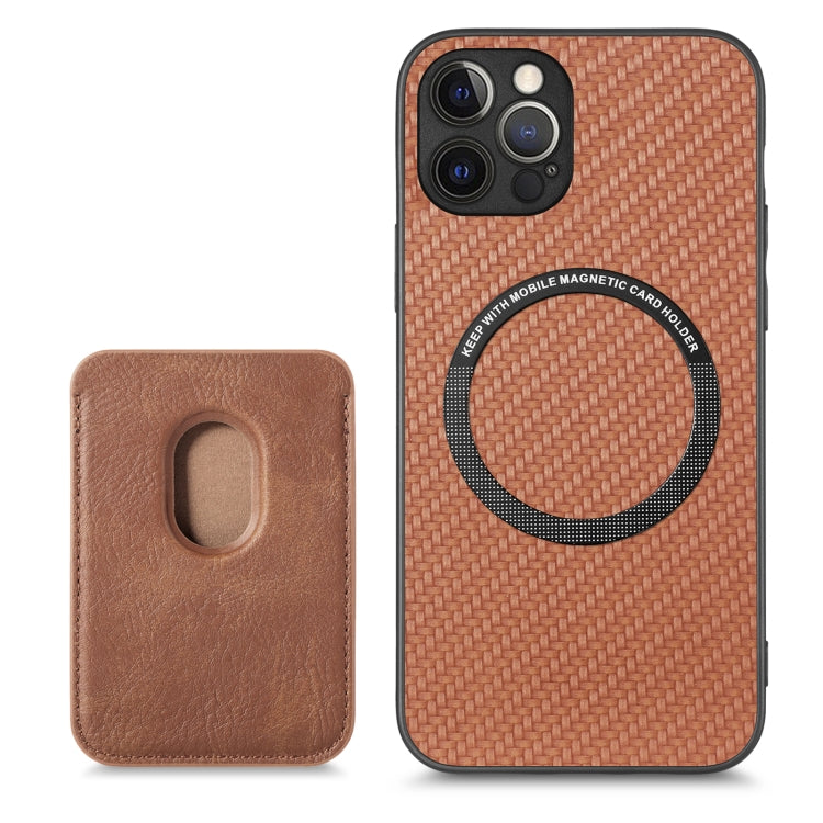 For iPhone 12 Pro Carbon Fiber Leather Card Magsafe Magnetic Phone Case(Brown) - iPhone 12 / 12 Pro Cases by buy2fix | Online Shopping UK | buy2fix