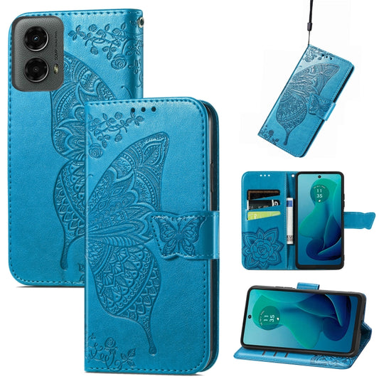 For Motorola Moto G 5G 2024 Butterfly Love Flower Embossed Leather Phone Case(Blue) - Motorola Cases by buy2fix | Online Shopping UK | buy2fix