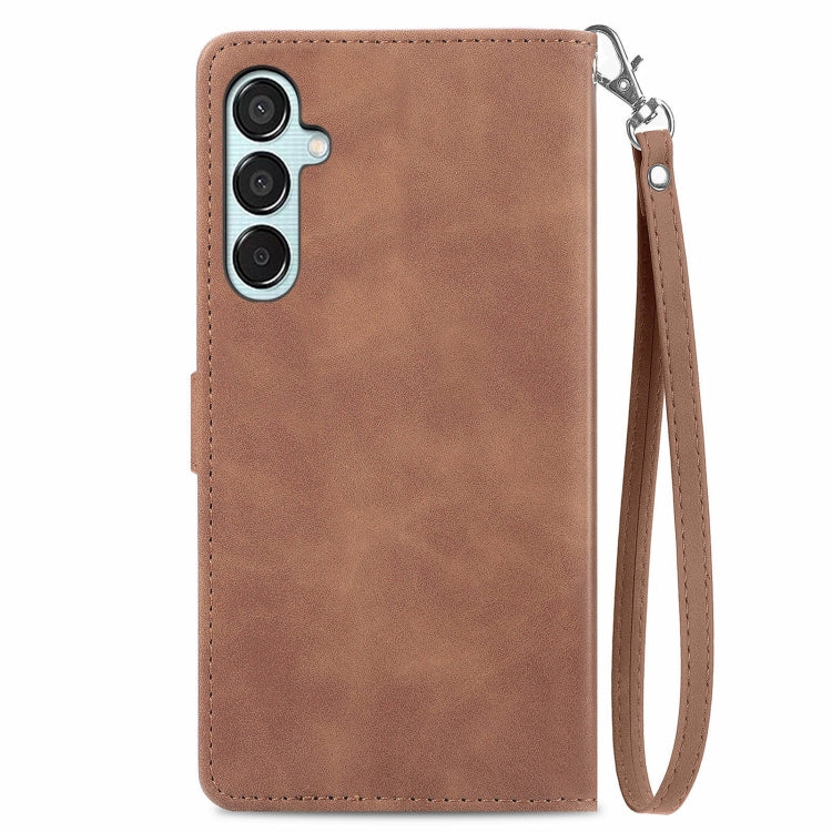 For Samsung Galaxy M15 Embossed Flower Zipper Leather Phone Case(Brown) - Galaxy Phone Cases by buy2fix | Online Shopping UK | buy2fix