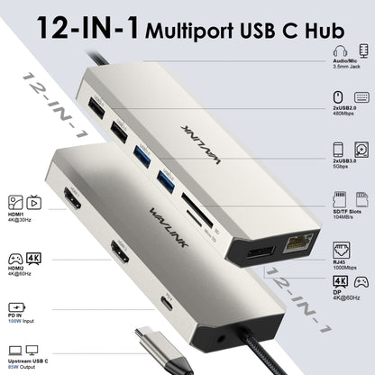 Wavlink UMD302 Type-C to Multiport Dual 4K HDMI HUB Triple Monitor 12-in-1 Laptop Docking Station - USB HUB by WAVLINK | Online Shopping UK | buy2fix