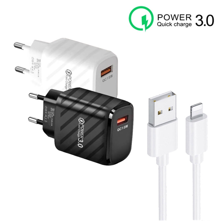 TE-005 QC3.0 18W USB Fast Charger with 1m 3A USB to 8 Pin Cable, EU Plug(Black) - USB Charger by buy2fix | Online Shopping UK | buy2fix