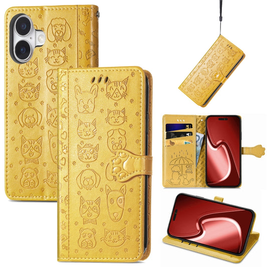 For iPhone 16 Cat and Dog Embossed Leather Phone Case(Yellow) - iPhone 16 Cases by buy2fix | Online Shopping UK | buy2fix