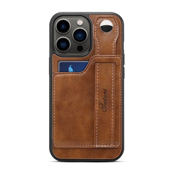 For iPhone 15 Pro Max SUTENI H12 Wrist Strap Leather Back Phone Case with Card Slot(Brown) - iPhone 15 Pro Max Cases by Suteni | Online Shopping UK | buy2fix