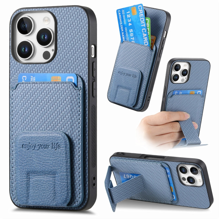 For iPhone 16 Pro Max Carbon Fiber Card Bag Fold Stand Phone Case(Blue) - iPhone 16 Pro Max Cases by buy2fix | Online Shopping UK | buy2fix