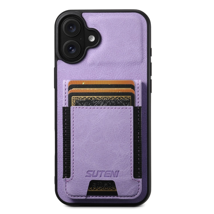 For iPhone 16 Plus Suteni H03 Litchi Leather Card Bag Stand Back Phone Case(Purple) - iPhone 16 Plus Cases by Suteni | Online Shopping UK | buy2fix