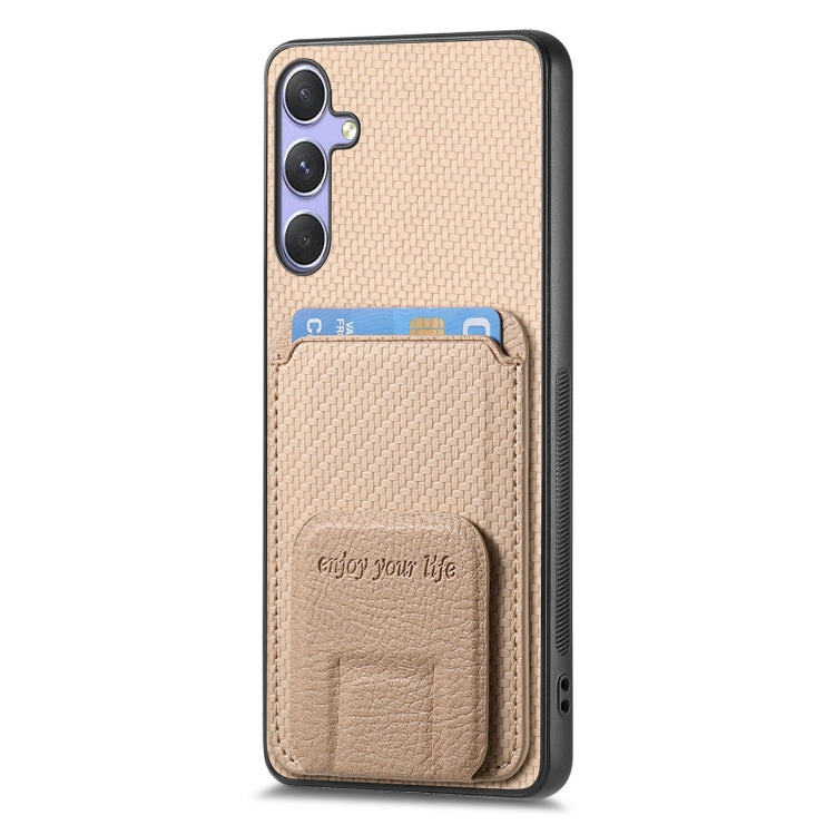 For Samsung Galaxy S25+ 5G Carbon Fiber Card Bag Fold Stand Phone Case(Khaki) - Galaxy S25+ 5G Cases by buy2fix | Online Shopping UK | buy2fix