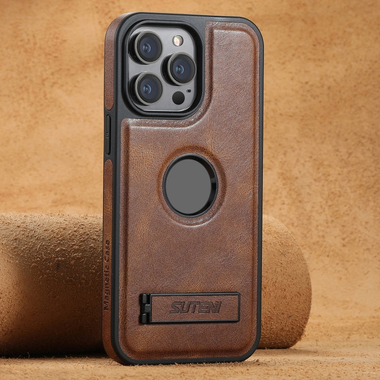 For iPhone 15 Pro Suteni G2 Magsafe Oil Wax Leather Back Phone Case with Holder(Brown) - iPhone 15 Pro Cases by Suteni | Online Shopping UK | buy2fix