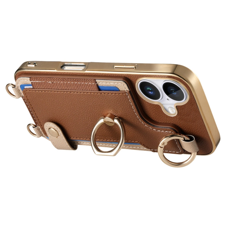 For iPhone 16 Fashion Ring Card Bag Phone Case with Hang Loop(Brown) - iPhone 16 Cases by buy2fix | Online Shopping UK | buy2fix