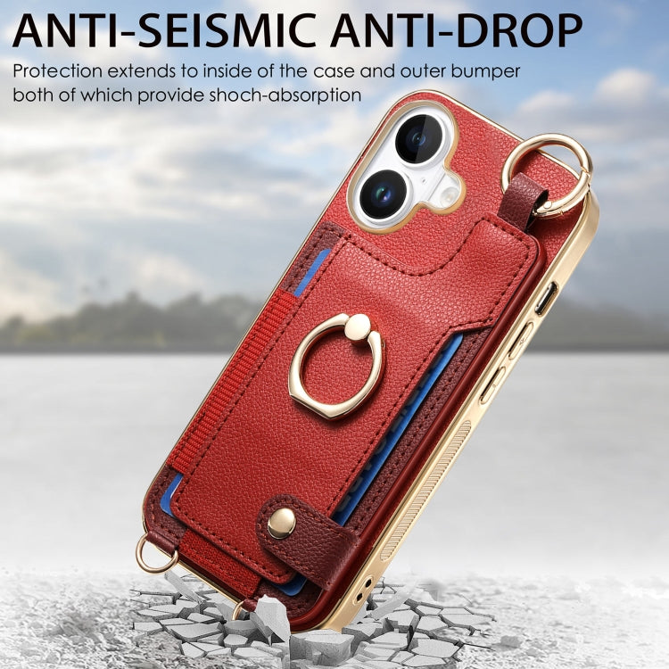 For iPhone 16 Plus Fashion Ring Card Bag Phone Case with Hang Loop(Red) - iPhone 16 Plus Cases by buy2fix | Online Shopping UK | buy2fix