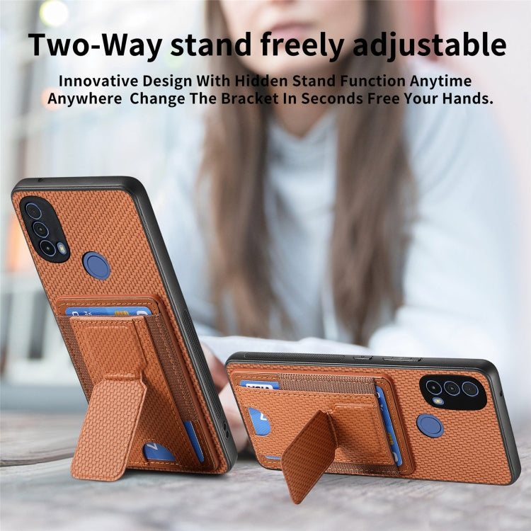 For Motorola Moto G Stylus 5G 2024 Carbon Fiber Fold Stand Elastic Card Bag Phone Case(Brown) - Motorola Cases by buy2fix | Online Shopping UK | buy2fix