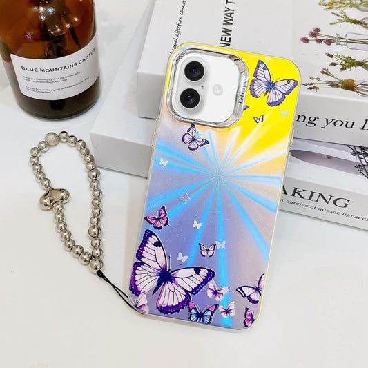 For iPhone 16 Plus Electroplating Laser Butterfly Phone Case with Wrist Strap(Purple Butterflies AB3) - iPhone 16 Plus Cases by buy2fix | Online Shopping UK | buy2fix