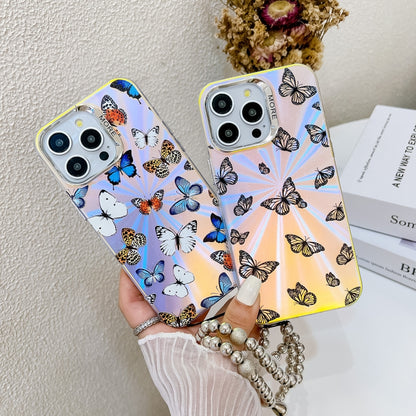 For iPhone 16 Plus Electroplating Laser Butterfly Phone Case with Wrist Strap(Color Butterflies AB1) - iPhone 16 Plus Cases by buy2fix | Online Shopping UK | buy2fix