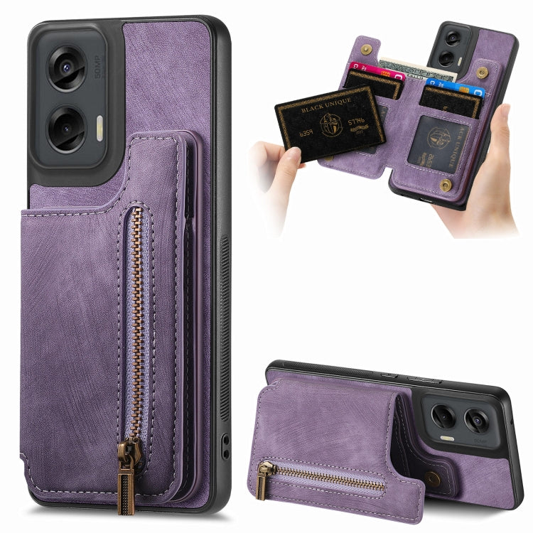 For Motorola G Stylus 5G 2024 Retro Leather Zipper Wallet Back Phone Case(Purple) - Motorola Cases by buy2fix | Online Shopping UK | buy2fix