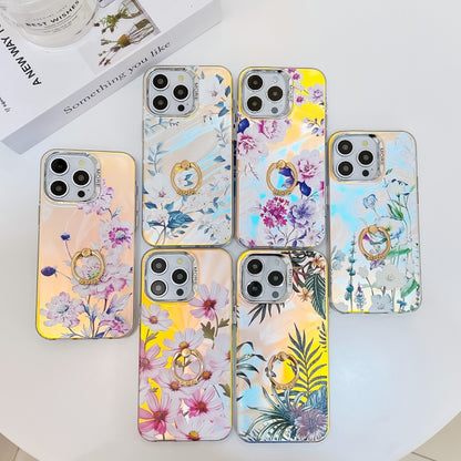 For iPhone 16 Plus Electroplating Laser Flower Ring Holder TPU Phone Case(Pink Flower AH13) - iPhone 16 Plus Cases by buy2fix | Online Shopping UK | buy2fix