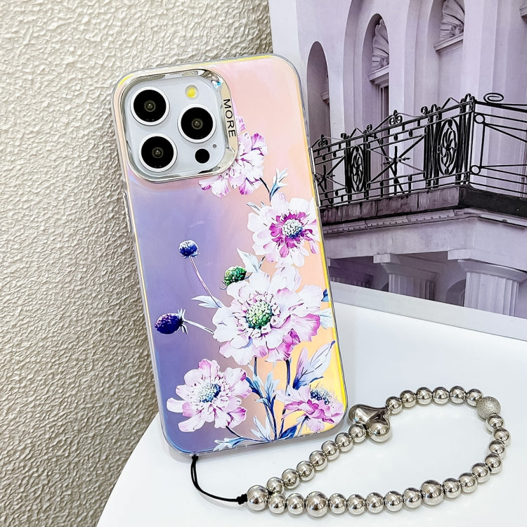 For iPhone 16 Pro Electroplating Laser Flower Phone Case with Wrist Strap(Zinnia AH9) - iPhone 16 Pro Cases by buy2fix | Online Shopping UK | buy2fix