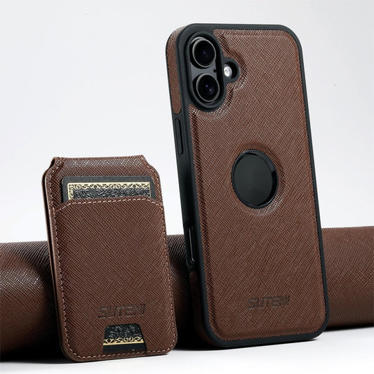 For iPhone 16 Plus Suteni M2 Cross-Grain MagSafe Vertical Card Back Phone Case(Brown) - iPhone 16 Plus Cases by Suteni | Online Shopping UK | buy2fix