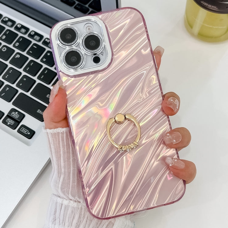 For iPhone 16 Pro Plating Glitter Texture Ring Holder TPU Phone Case with Lens Film(Pink Water Ripples) - iPhone 16 Pro Cases by buy2fix | Online Shopping UK | buy2fix