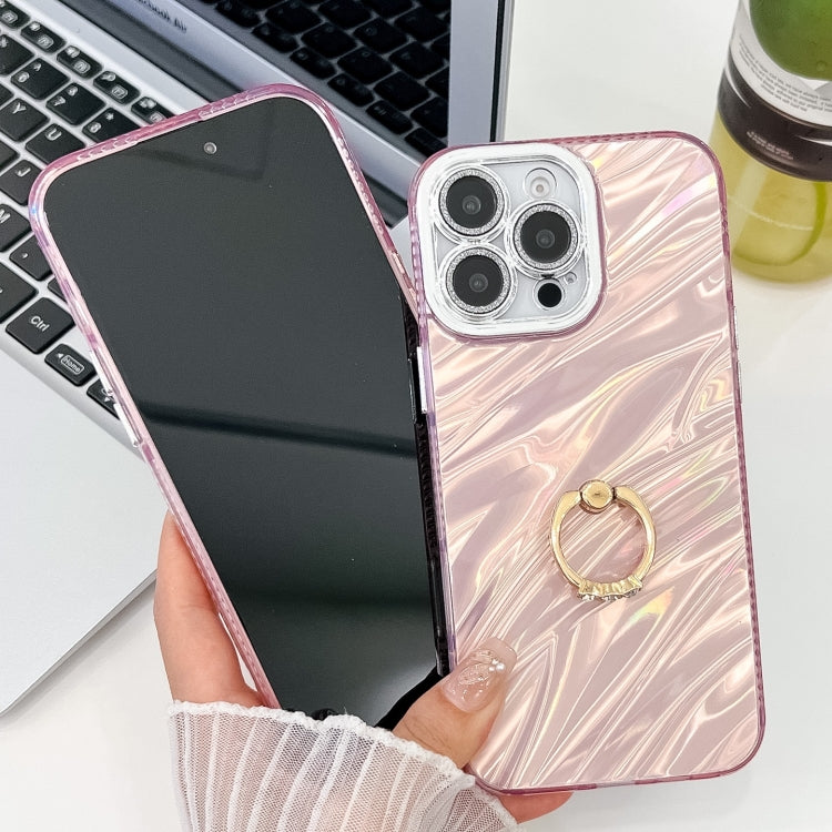 For iPhone 16 Pro Plating Glitter Texture Ring Holder TPU Phone Case with Lens Film(Pink Shell Pattern) - iPhone 16 Pro Cases by buy2fix | Online Shopping UK | buy2fix