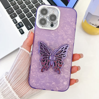 For iPhone 16 Pro Plating Glitter Texture Butterfly Holder TPU Phone Case with Lens Film(Purple Shell Pattern) - iPhone 16 Pro Cases by buy2fix | Online Shopping UK | buy2fix