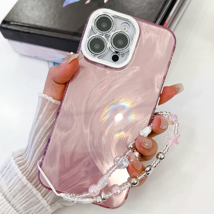 For iPhone 16 Pro Plating Glitter Texture Chain Wristband TPU Phone Case with Lens Film(Pink Feather Yarn) - iPhone 16 Pro Cases by buy2fix | Online Shopping UK | buy2fix