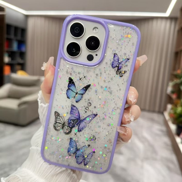 For iPhone 16 Pro Color Butterfly Glitter Epoxy TPU Phone Case(Purple) - iPhone 16 Pro Cases by buy2fix | Online Shopping UK | buy2fix