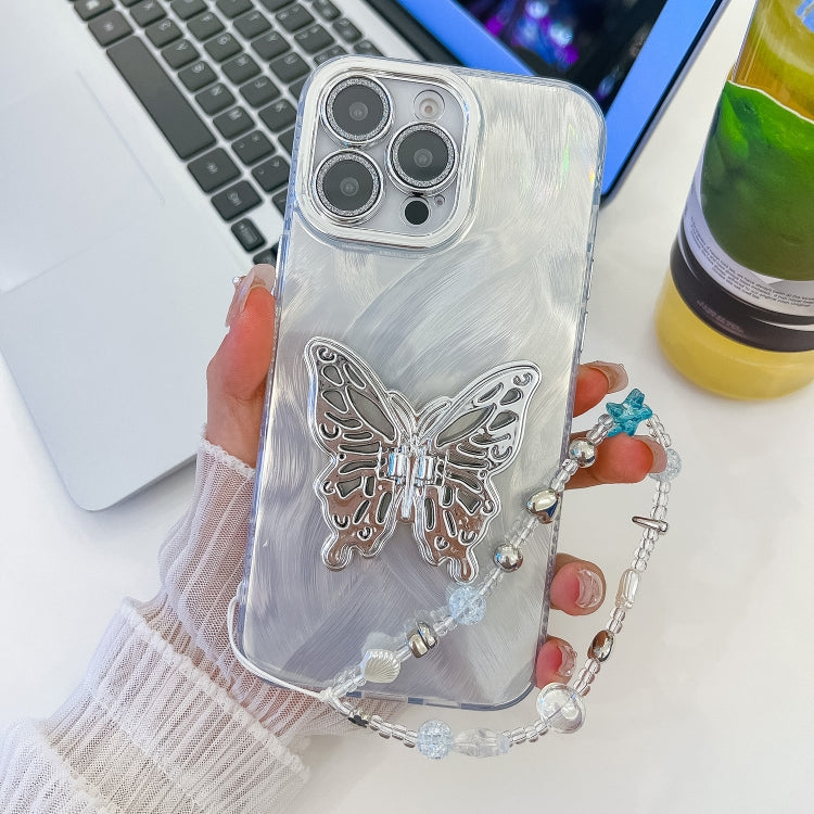 For iPhone 16 Pro Max Plating Glitter Lens Film Texture Butterfly Holder Wristband Phone Case(White Feather Yarn) - iPhone 16 Pro Max Cases by buy2fix | Online Shopping UK | buy2fix