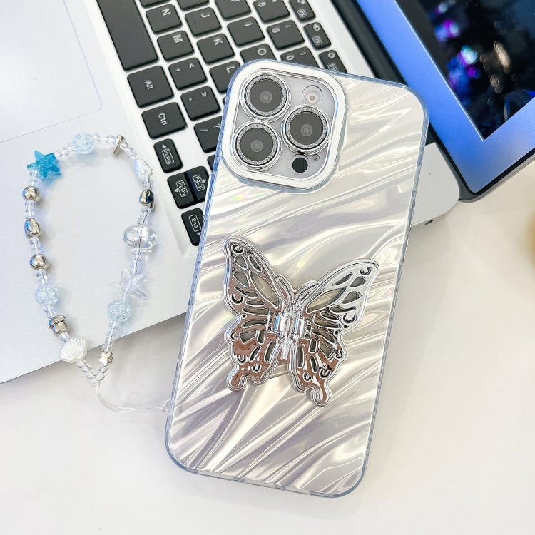 For iPhone 16 Pro Plating Glitter Lens Film Texture Butterfly Holder Wristband Phone Case(White Water Ripples) - iPhone 16 Pro Cases by buy2fix | Online Shopping UK | buy2fix