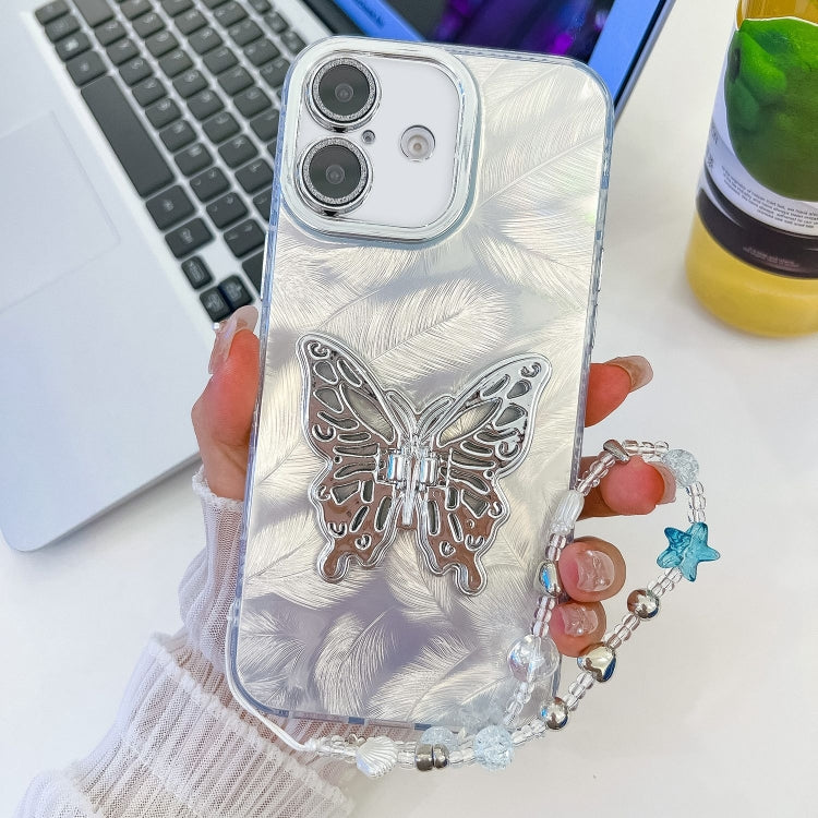 For iPhone 16 Plus Plating Glitter Lens Film Texture Butterfly Holder Wristband Phone Case(White Feathers) - iPhone 16 Plus Cases by buy2fix | Online Shopping UK | buy2fix